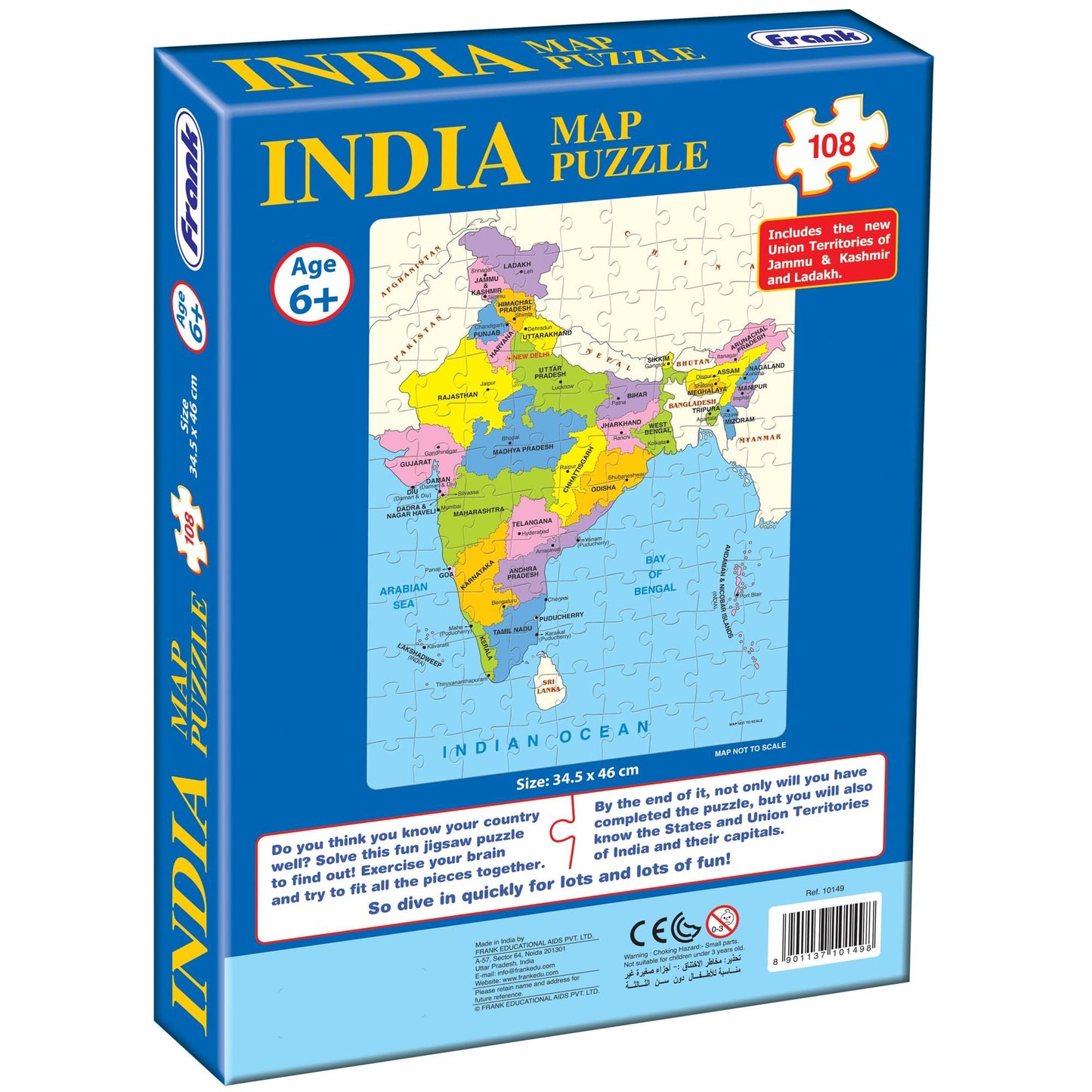 Frank India Map (108 Pieces) - Early Learner Jigsaw Puzzle Set with States, Union Territories, Capitals for Kids 6 Years and Above