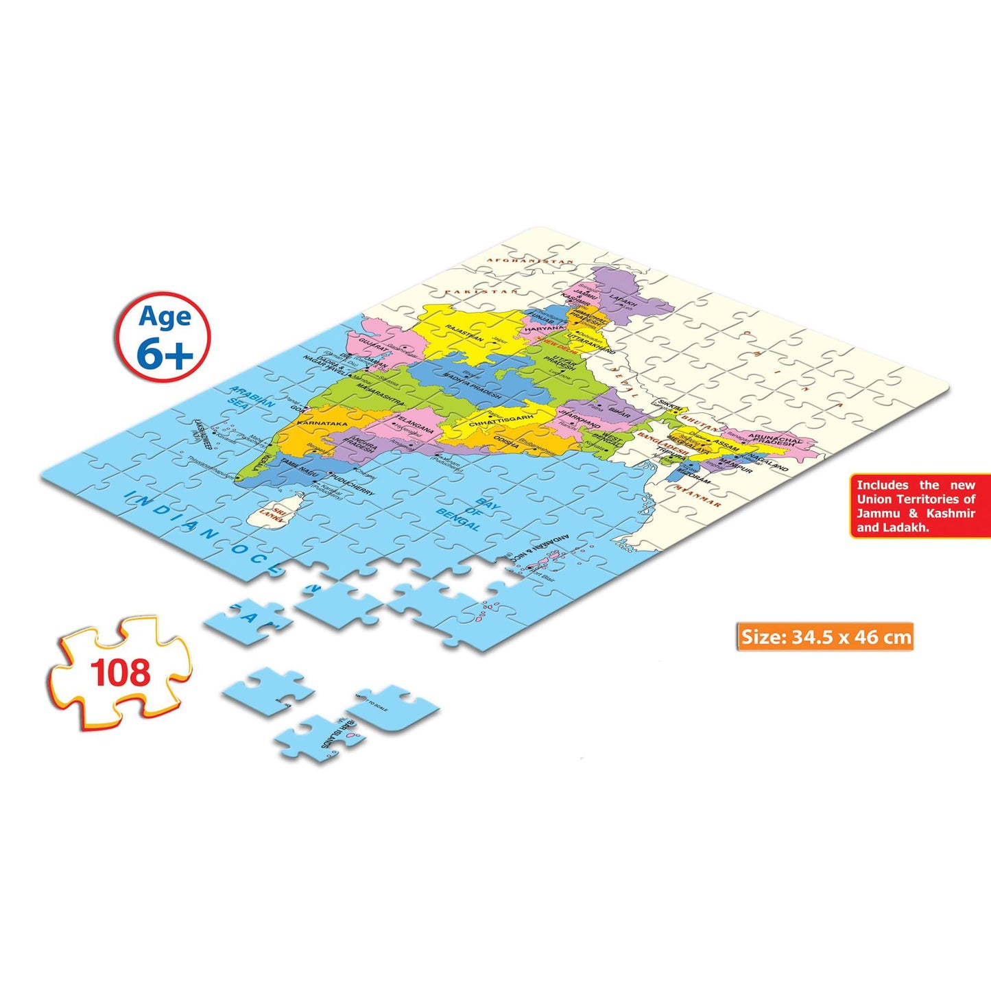 Frank India Map (108 Pieces) - Early Learner Jigsaw Puzzle Set with States, Union Territories, Capitals for Kids 6 Years and Above