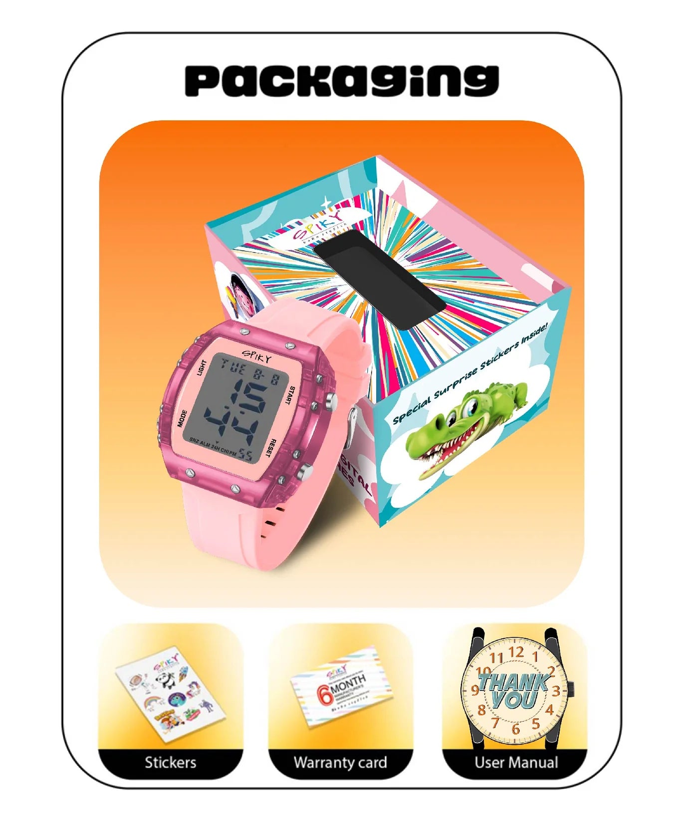 Spiky Digital Sports Watch for Kids -- EVA36 Pink