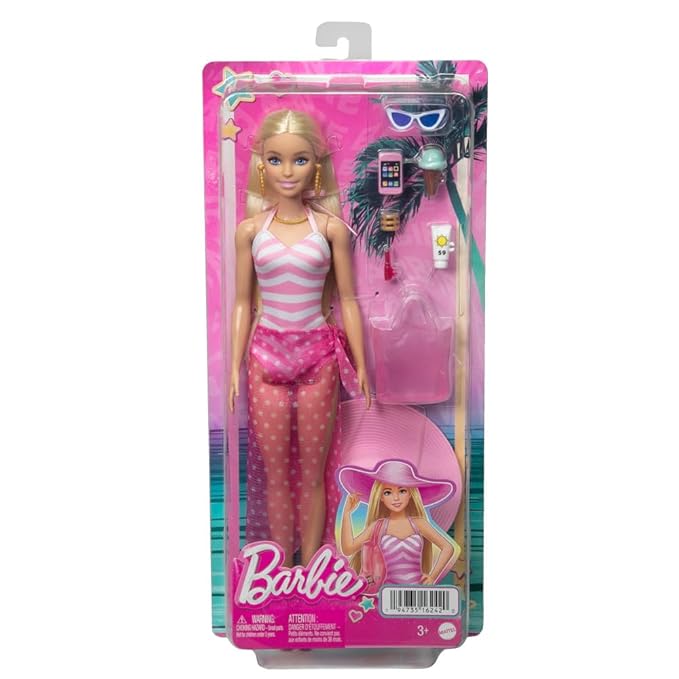 Barbie Doll with Pink and White Swimsuit, Sun Hat, Tote Bag and Beach-Themed Accessories