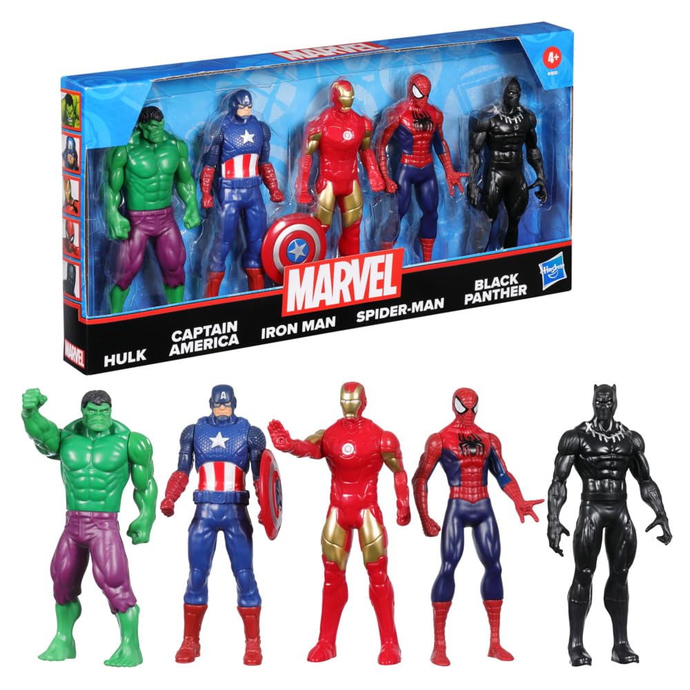 Hasbro Hulk, Captain America, Iron Man, Spider-Man, & Black Panther Action Figure Set with Shield Accessory