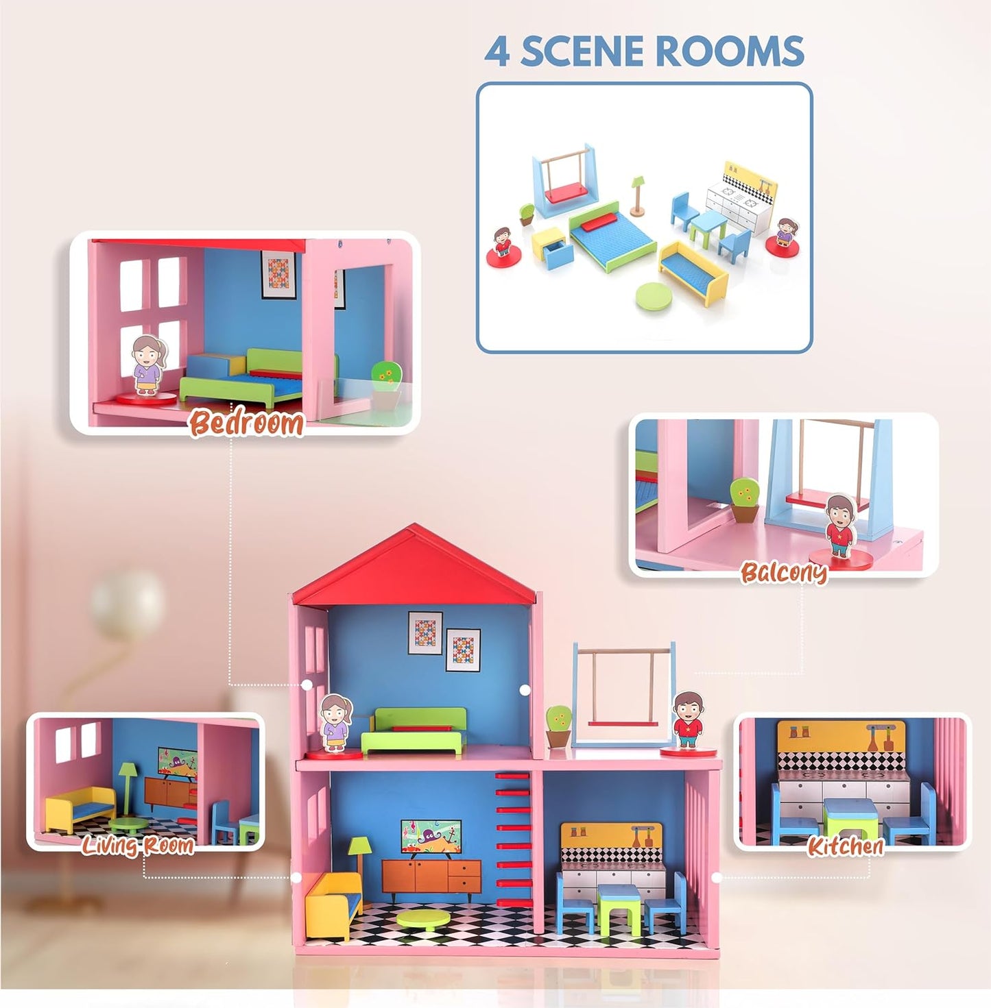 Chanak Wooden Doll House for Kids (16 Pieces)