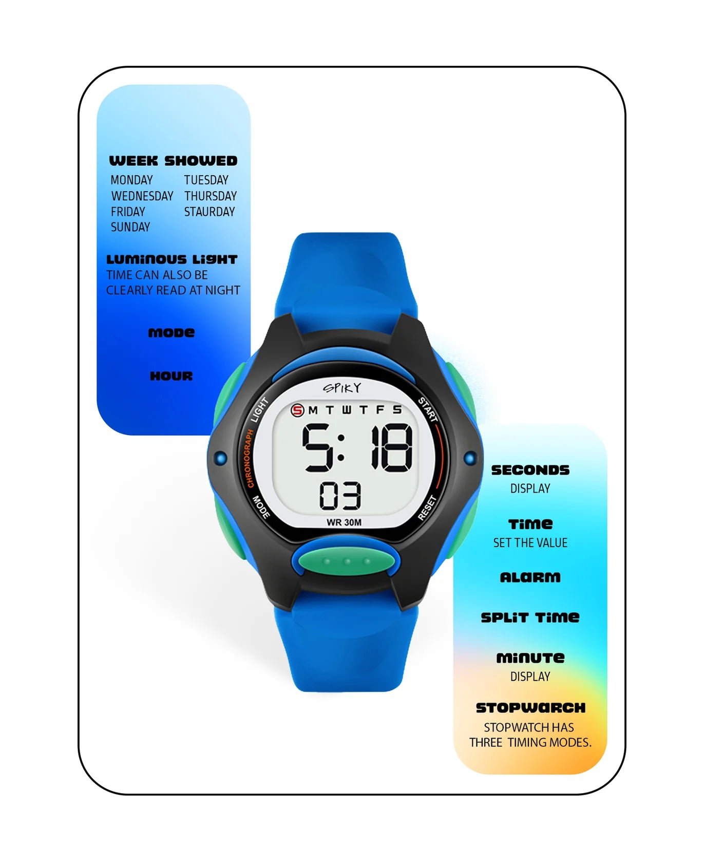 Spiky Round Digital Kids Sports Watch -- EVA2_Blue