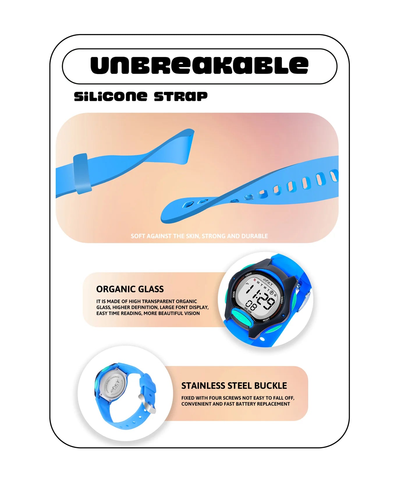 Spiky Round Digital Kids Sports Watch -- EVA2_Blue