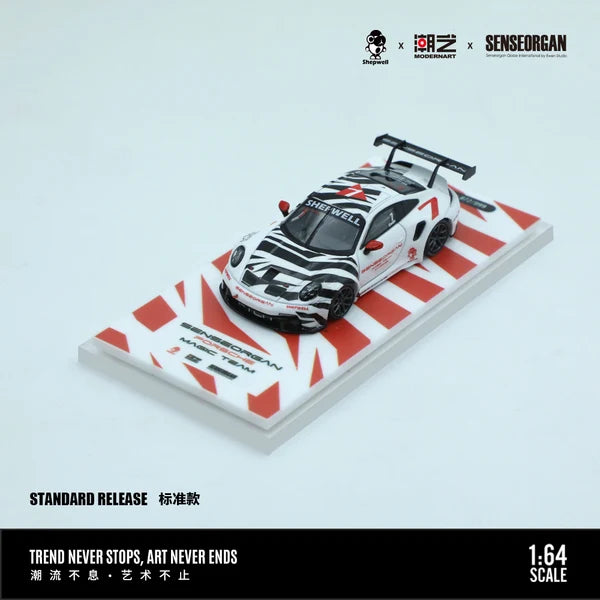 Modernart 1/64 Porsche 911 Cup Black & White Senseorgan Magic Team #7 Limited Edition 479/999 With Acrylic Case & Polishing Cloth