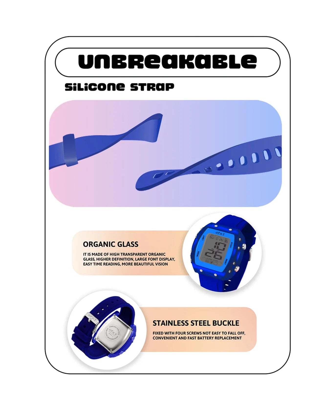 Spiky Digital Sports Watch for Kids -- EVA36 Blue