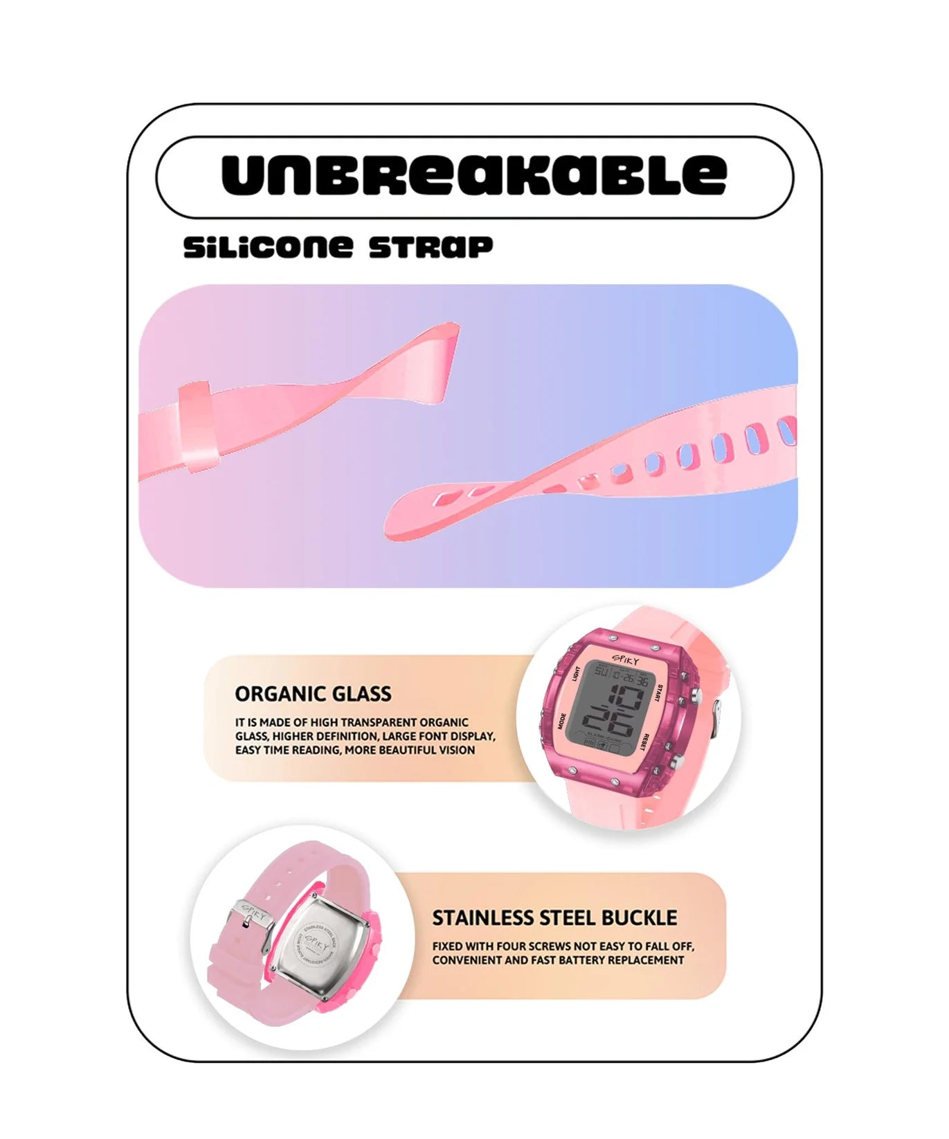 Spiky Digital Sports Watch for Kids -- EVA36 Pink