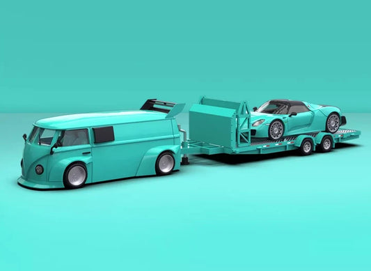 Time Micro 1/64 Volkswagen T1 Van & Porsche 918 "Tiffany Blue" Trailer Set