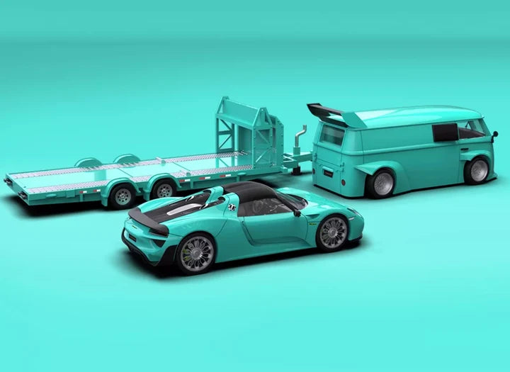 Time Micro 1/64 Volkswagen T1 Van & Porsche 918 "Tiffany Blue" Trailer Set