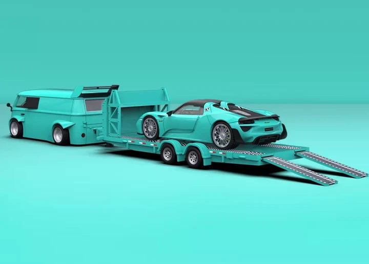 Time Micro 1/64 Volkswagen T1 Van & Porsche 918 "Tiffany Blue" Trailer Set