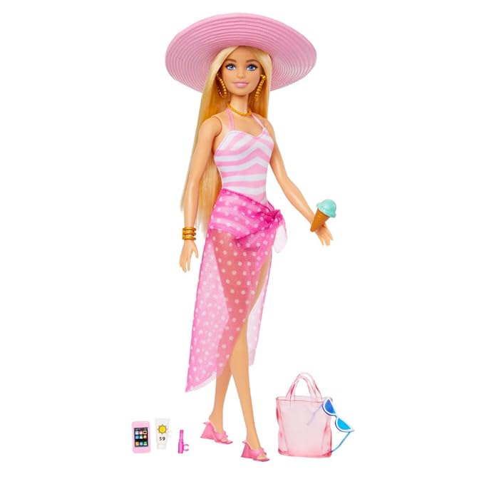 Barbie Doll with Pink and White Swimsuit, Sun Hat, Tote Bag and Beach-Themed Accessories