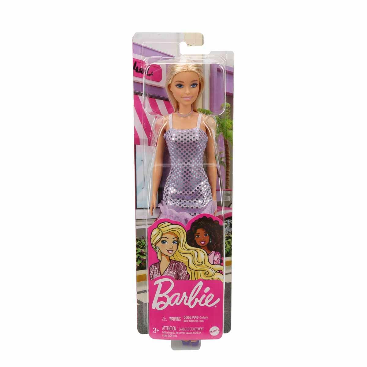 Barbie Mini Dresses Doll, Blonde Hair, Lavender Metallic Mini Dress, Trendy Clothes and Accessories