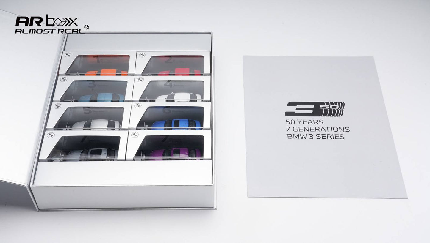 AR Box Almost Real 1/64 BMW 3 Series 50th Anniversary Edition Set Of 8 Cars With Acrylic Boxes