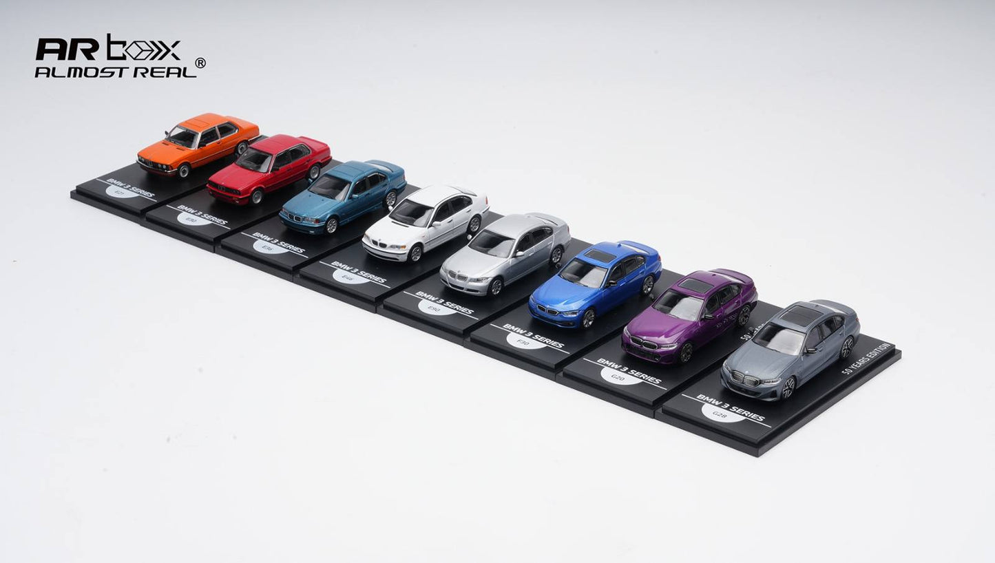 AR Box Almost Real 1/64 BMW 3 Series 50th Anniversary Edition Set Of 8 Cars With Acrylic Boxes