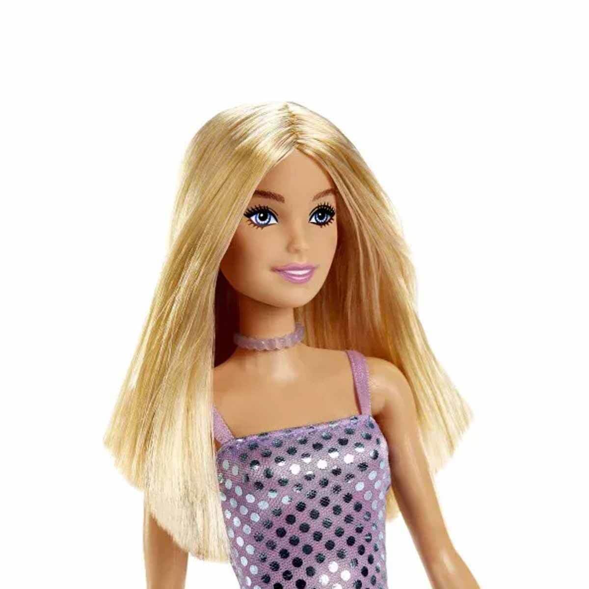 Barbie Mini Dresses Doll, Blonde Hair, Lavender Metallic Mini Dress, Trendy Clothes and Accessories