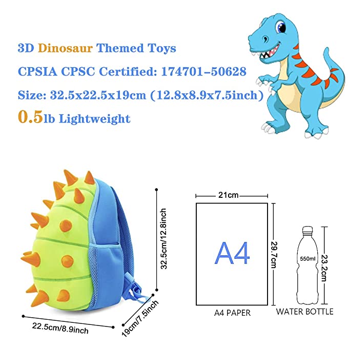 Flippi Dinosaur 3D Backpack for Toddlers & Kids Age 2-7 Years Waterproof, School Bags