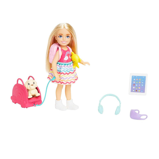 Barbie Chelsea Blonde Doll Travel Set Accessories with Puppy, Pet Carrier & Backpack for Kids Ages 3+