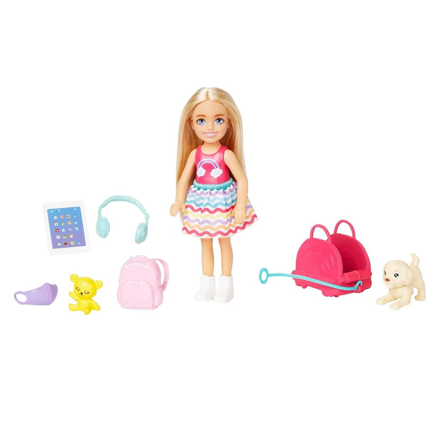 Barbie Chelsea Blonde Doll Travel Set Accessories with Puppy, Pet Carrier & Backpack for Kids Ages 3+