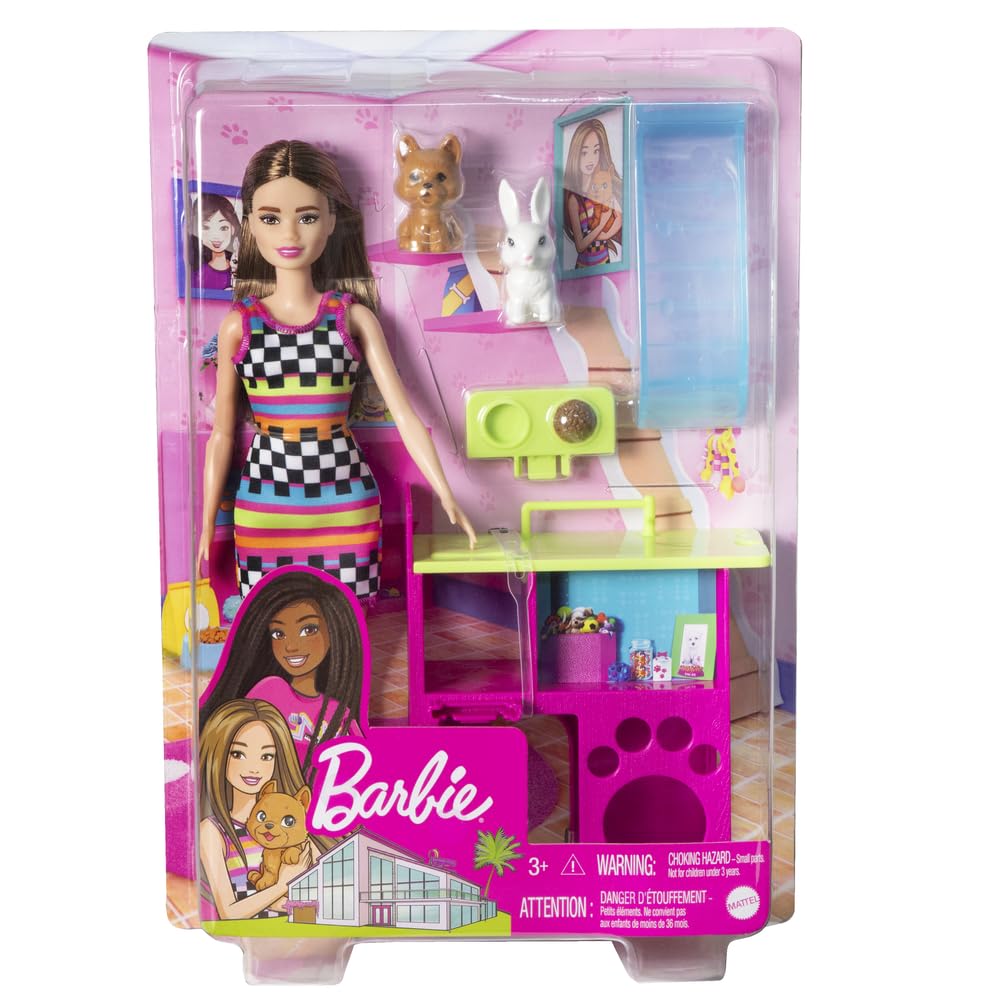 Barbie Doll and Pet Playhouse with 2 Pets Playset for Kids Ages 3+