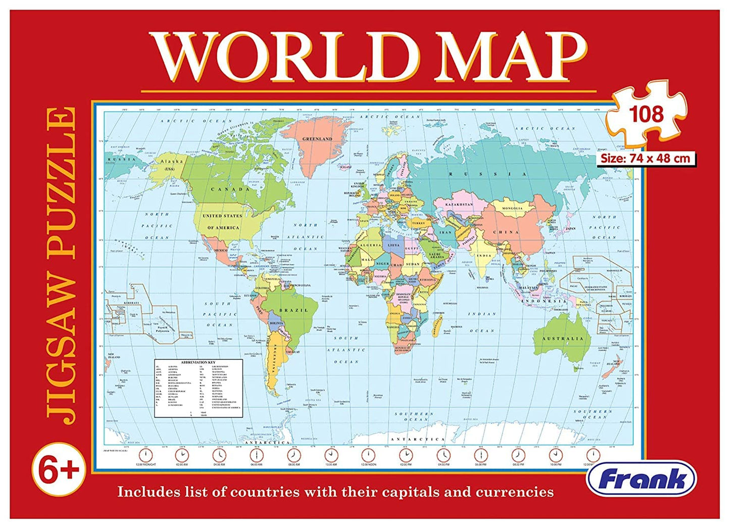 Frank World Map Puzzle (108 Pieces) - Early Learner Giant Jigsaw Puzzle Set with List of Countries, Capitals & Currencies for Kids 6 Years and Above