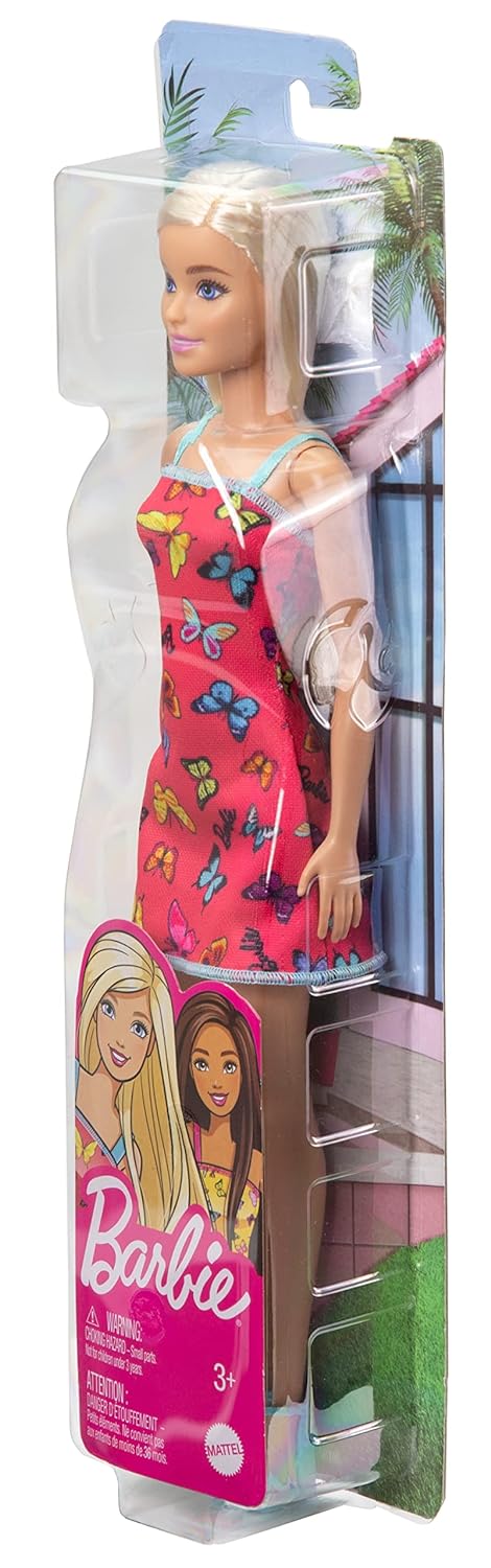 Barbie Doll with Colorful Butterfly Logo Print Red Dress & Strappy Heels