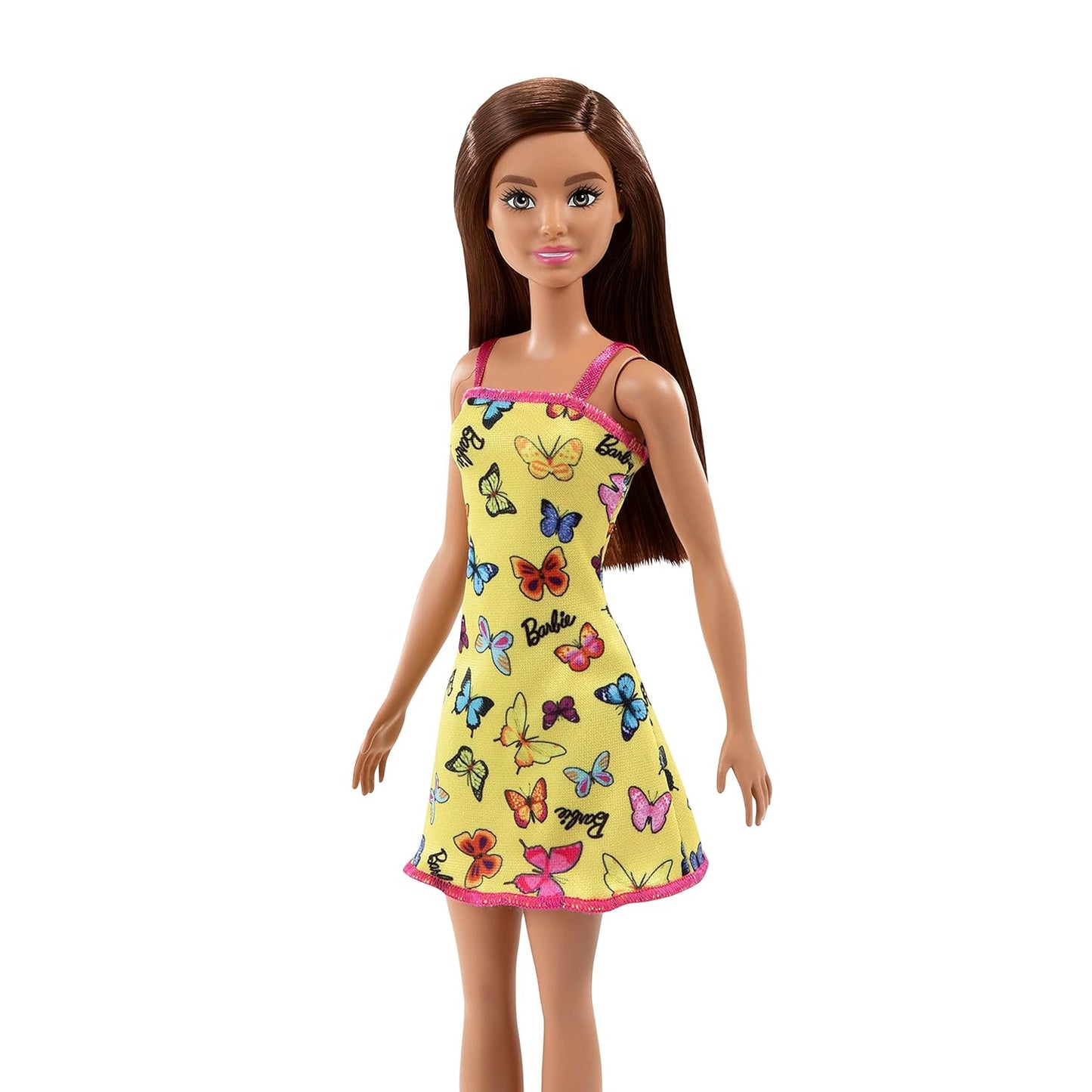 Barbie Doll with Colorful Butterfly Logo Print Yellow Dress & Strappy Heels