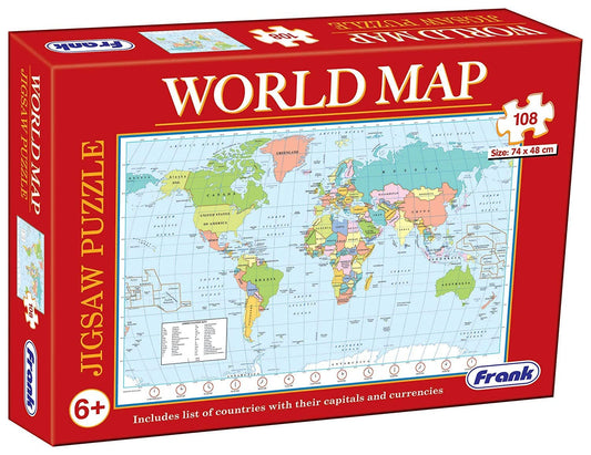 Frank World Map Puzzle (108 Pieces) - Early Learner Giant Jigsaw Puzzle Set with List of Countries, Capitals & Currencies for Kids 6 Years and Above