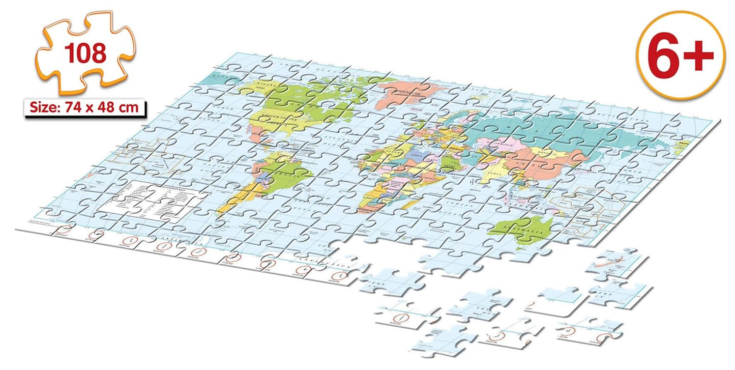 Frank World Map Puzzle (108 Pieces) - Early Learner Giant Jigsaw Puzzle Set with List of Countries, Capitals & Currencies for Kids 6 Years and Above