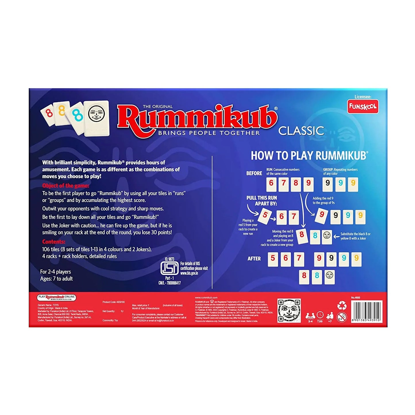 Funskool Rummikub Classic 2-4 Person Board Game For Kids Ages 7+