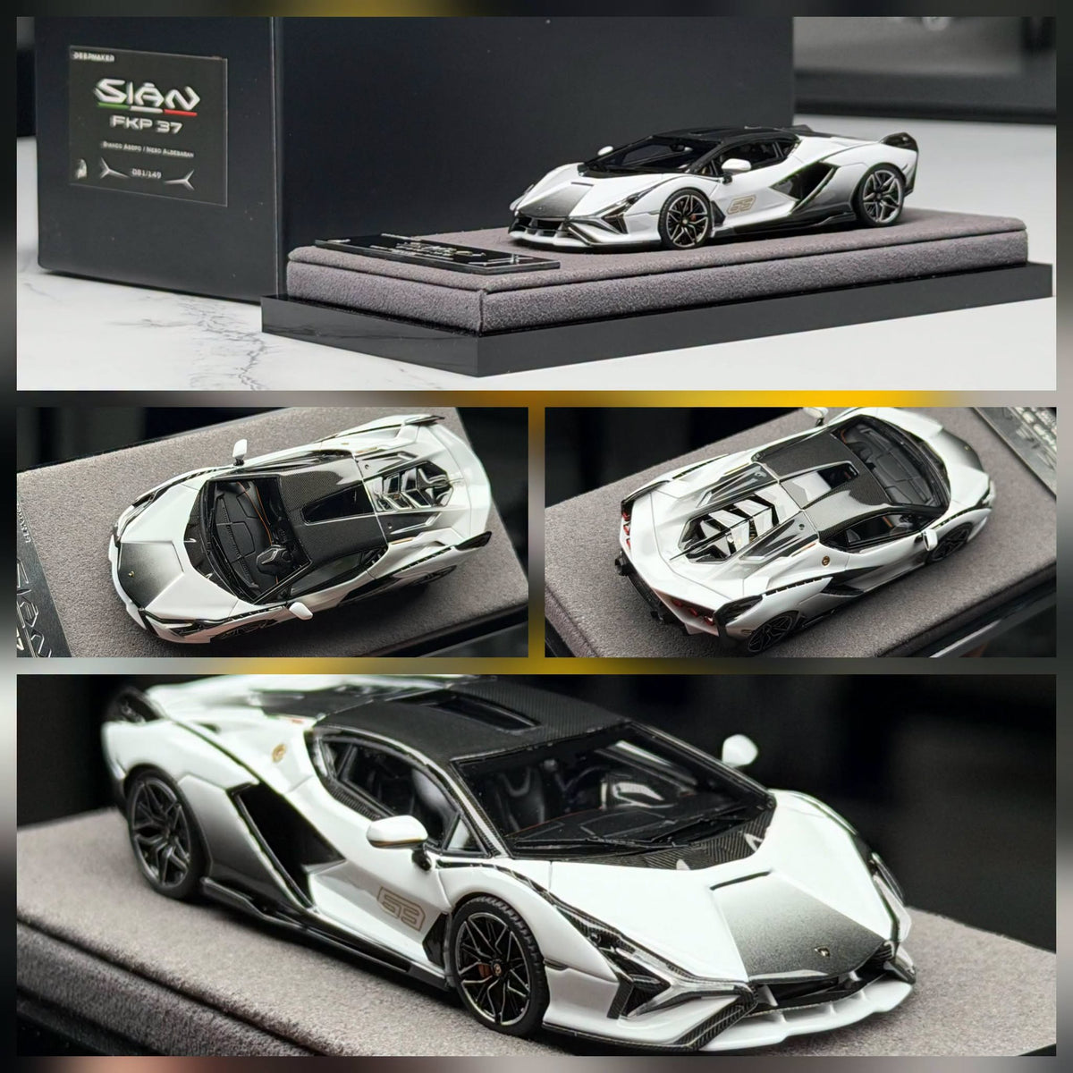 Deepmaker 1/64 Resin Lamborghini Sian FKP 37 Bianco Asopo / Nero Aldebaran Limited Edition 035/149 With Acrylic Case & Polishing Cloth