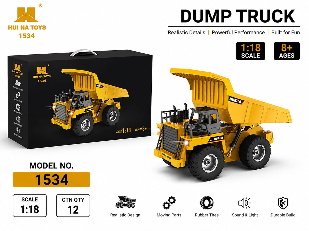 HUINA #1534 9 Channel Remote Control Dump Truck 1/18 Scale