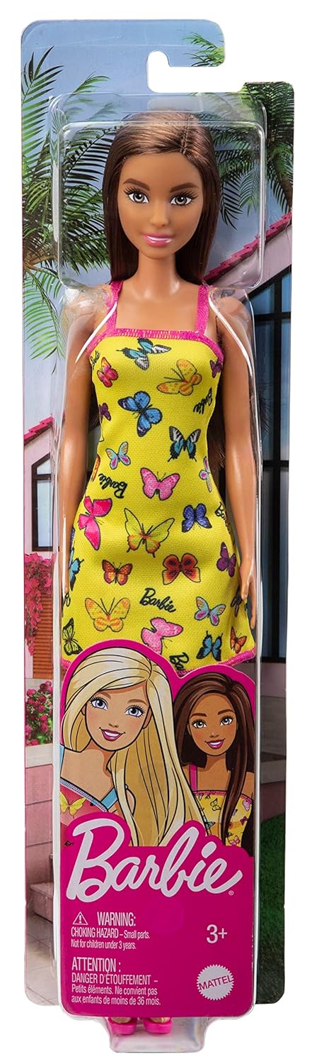 Barbie Doll with Colorful Butterfly Logo Print Yellow Dress & Strappy Heels