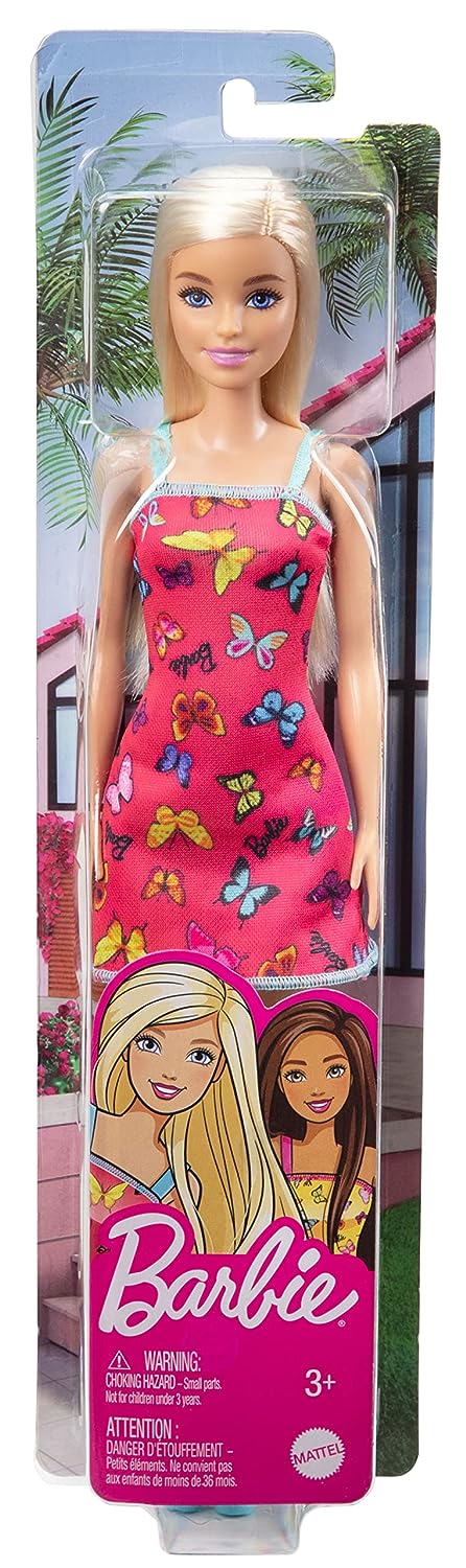 Barbie Doll with Colorful Butterfly Logo Print Red Dress & Strappy Heels