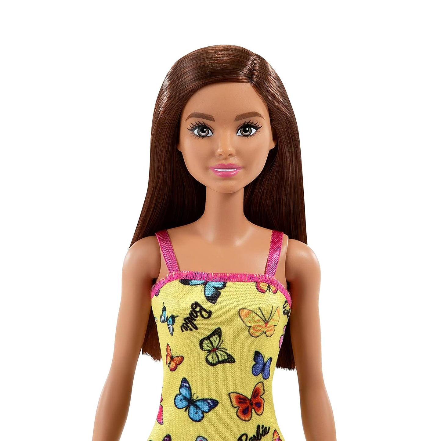 Barbie Doll with Colorful Butterfly Logo Print Yellow Dress & Strappy Heels