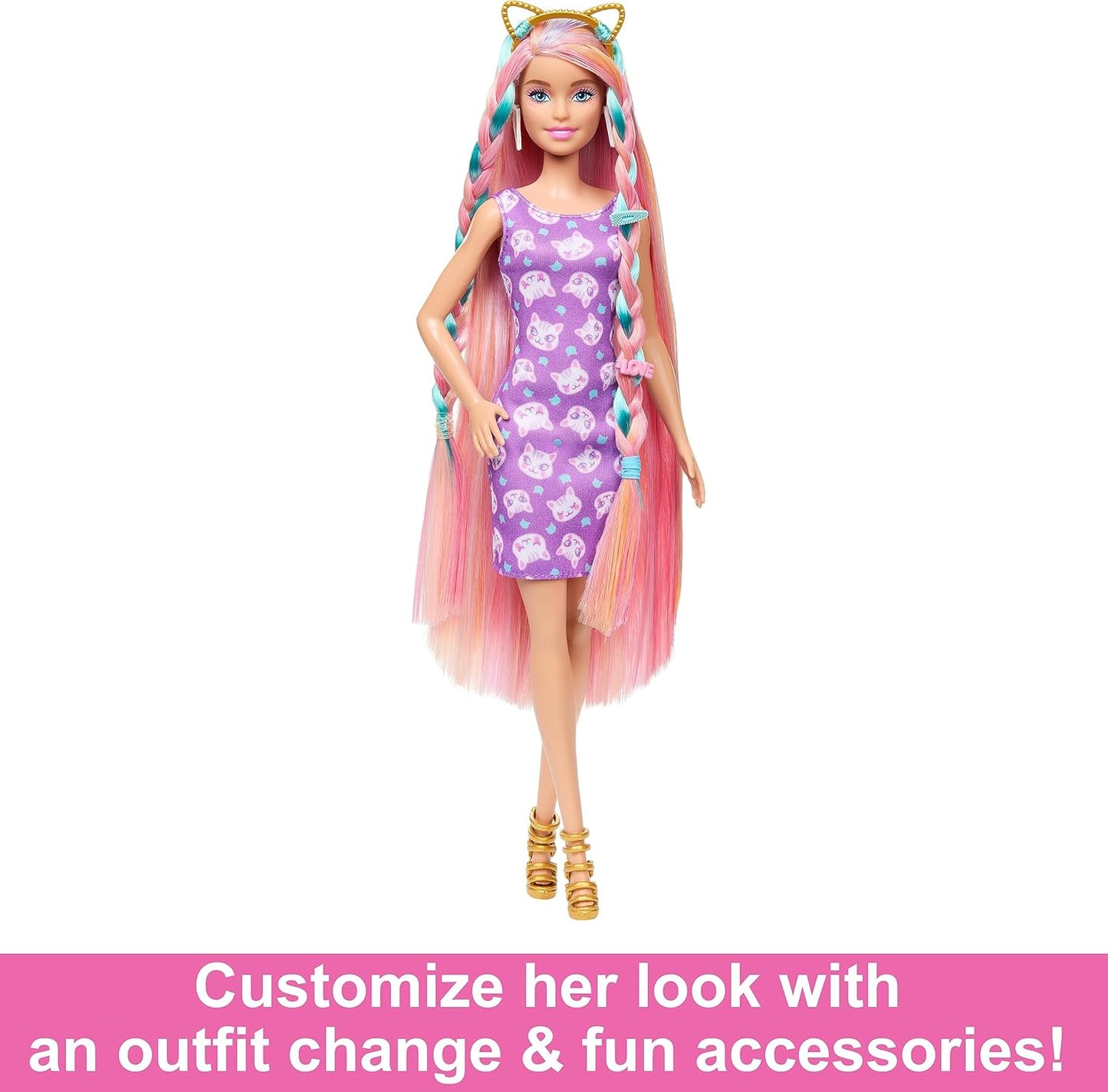 Barbie® Doll, Fun & Fancy™ Hair with Extra-Long Colorful Blonde Hair and Glossy Pink Dress