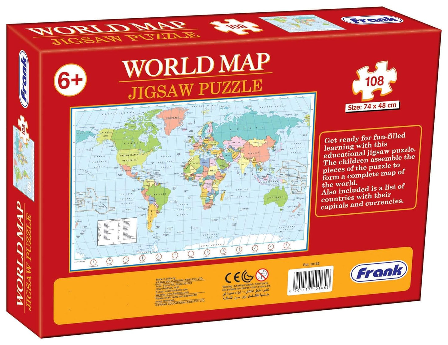 Frank World Map Puzzle (108 Pieces) - Early Learner Giant Jigsaw Puzzle Set with List of Countries, Capitals & Currencies for Kids 6 Years and Above