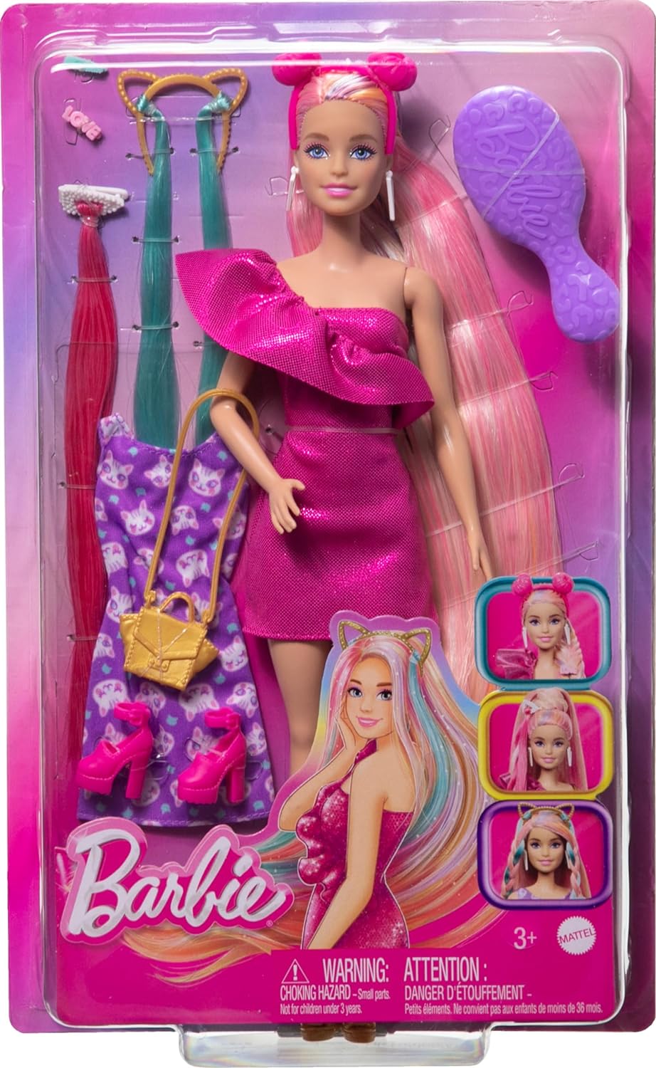 Barbie® Doll, Fun & Fancy™ Hair with Extra-Long Colorful Blonde Hair and Glossy Pink Dress