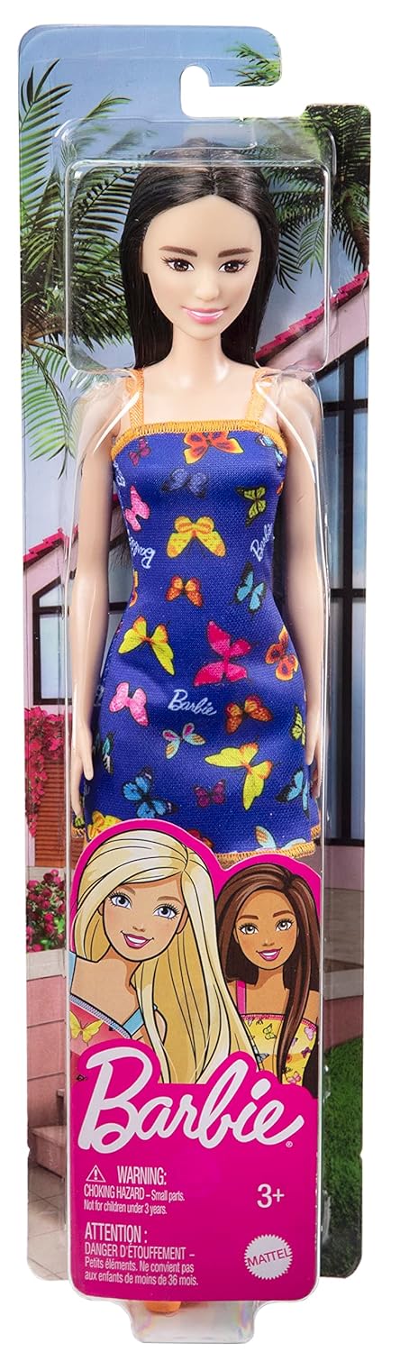 Barbie Doll with Colorful Butterfly Logo Print Blue Dress & Strappy Heels