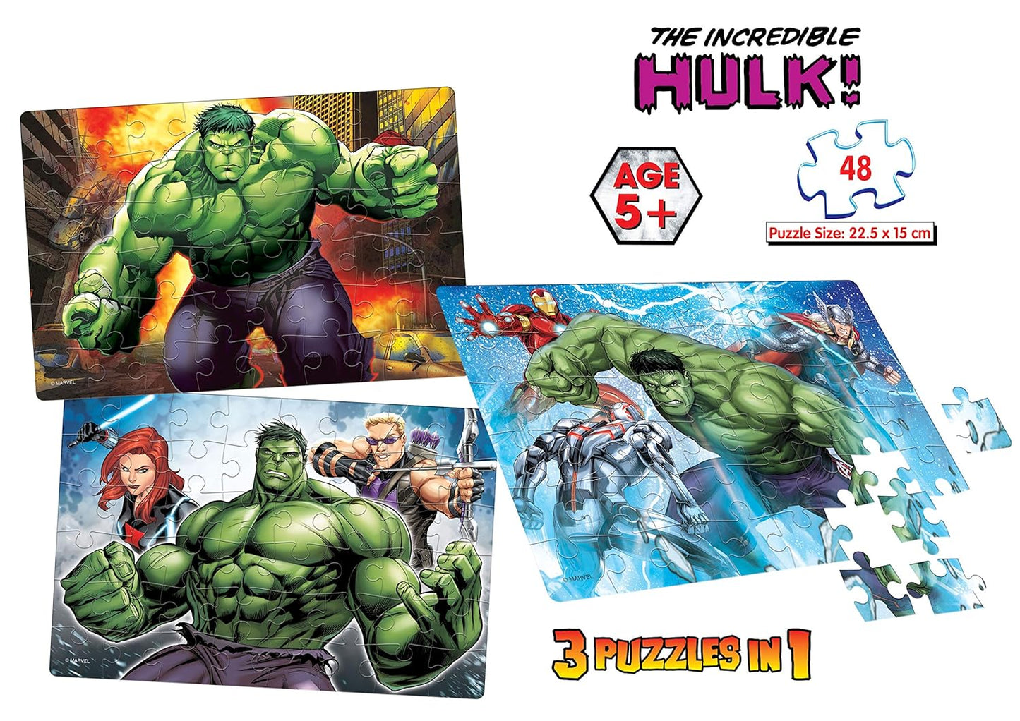 Frank Marvel Avengers Puzzles - The Incredible Hulk! - 48 Pieces 3 in 1 Jigsaw Puzzles for Kids for Age 5 Years Old and Above