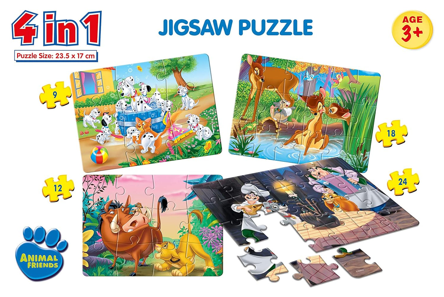 Frank Disney 4 in 1 Puzzles - A Set of 4 Jigsaw Puzzles for 3 Year Old Kids and Above (Animal Friends)