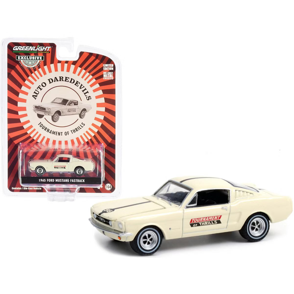 Greenlight 1/64 1965 Ford Mustang Fastback #56 Cream Auto Daredevils "Tournament Of Thrills"