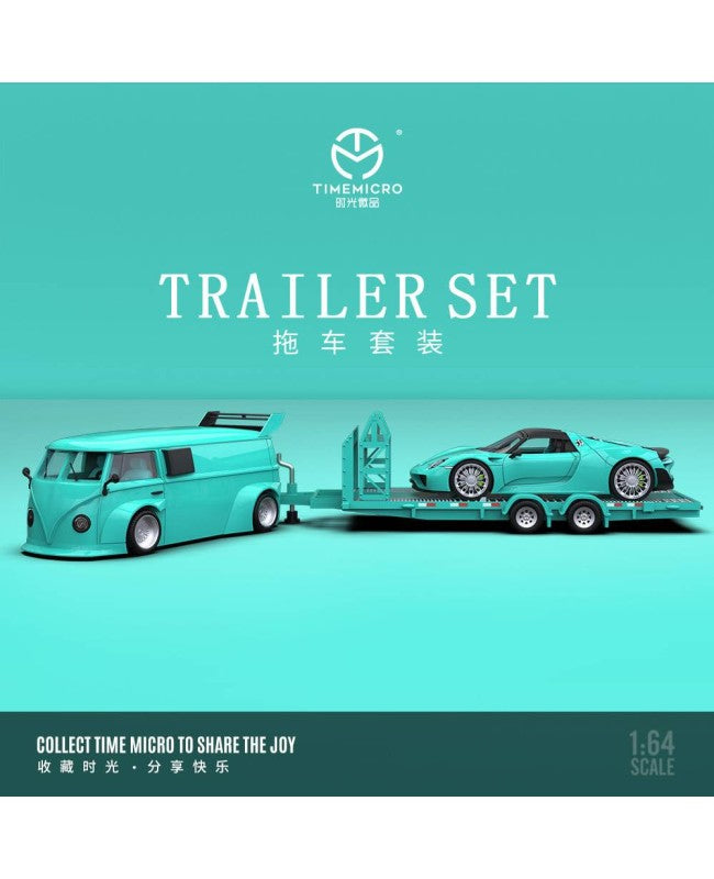 Time Micro 1/64 Volkswagen T1 Van & Porsche 918 "Tiffany Blue" Trailer Set
