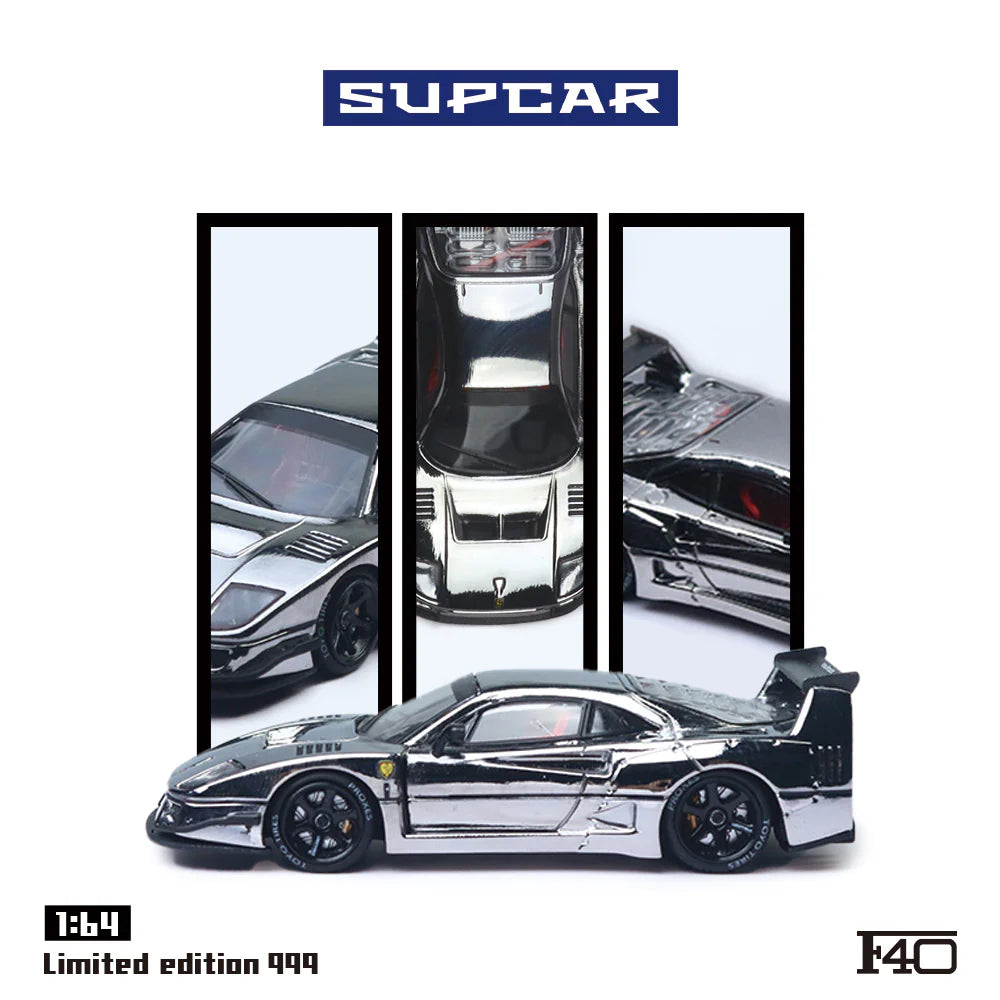 Supcar 1/64 Ferrari F40 Chrome Silver Limited Edition With Acrylic Case