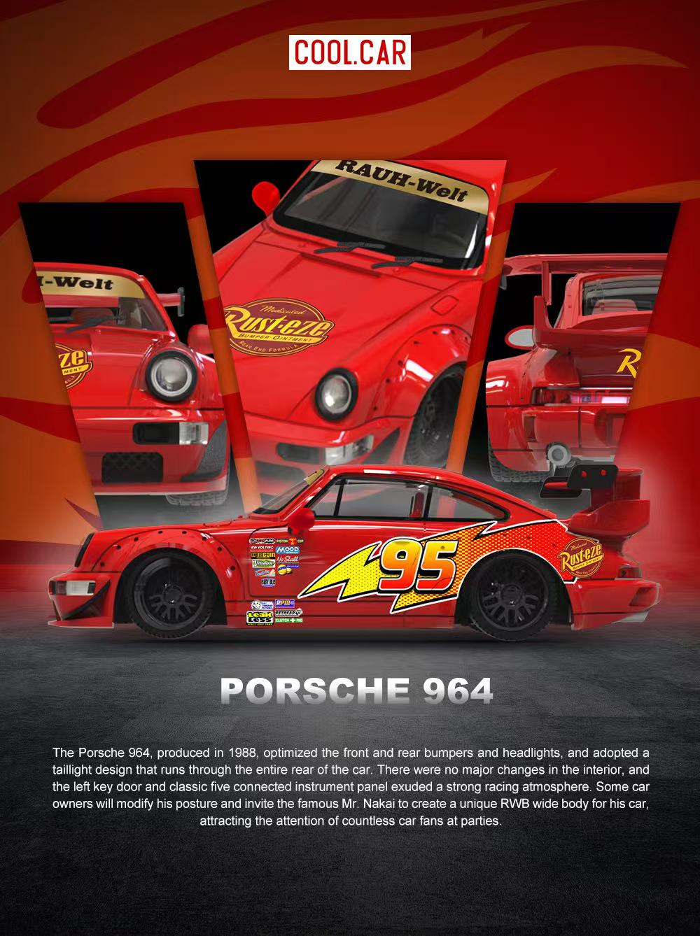 Cool Car 1/64 Porsche 964 "Lightning McQueen" Edition Limited Edition 231/500 With Acrylic Case