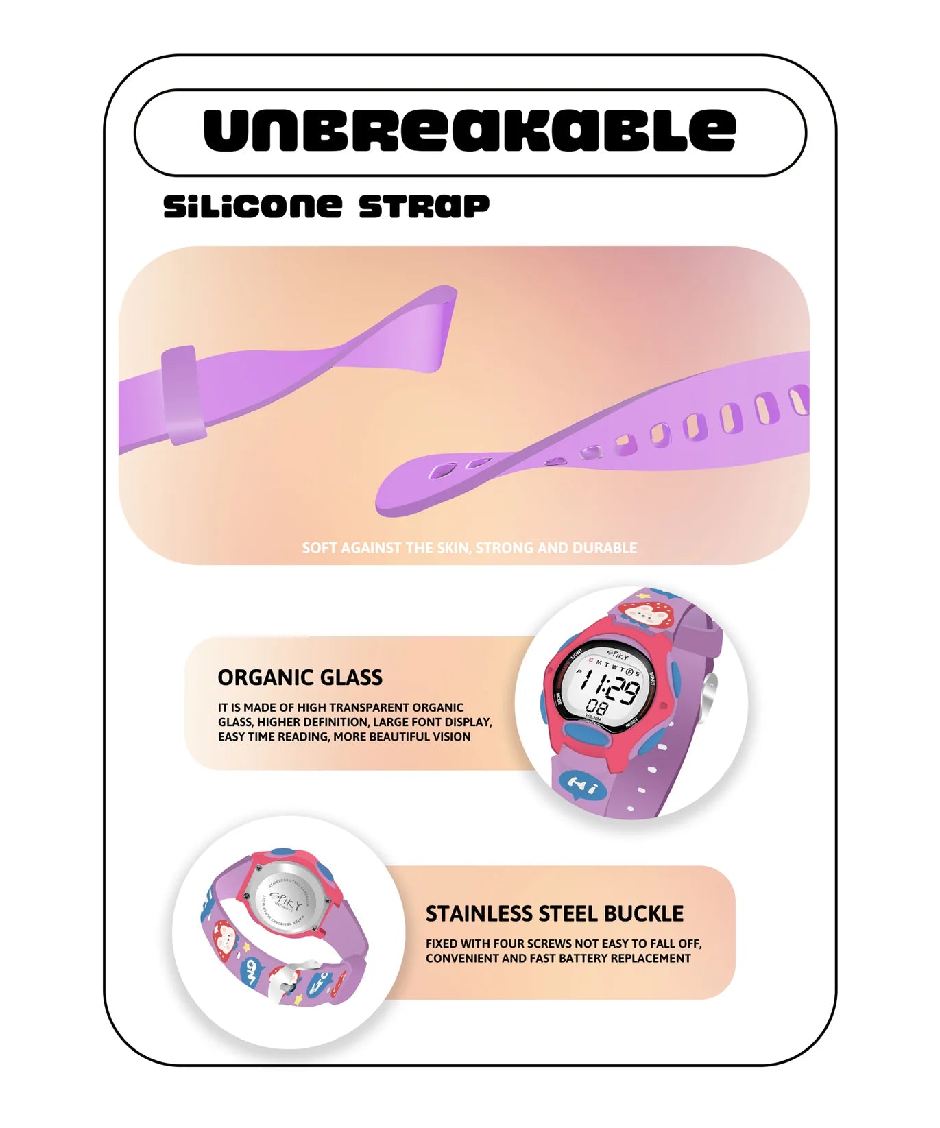 Spiky Printed Strap Round Sports Digital Watch -- EVA18_Purple