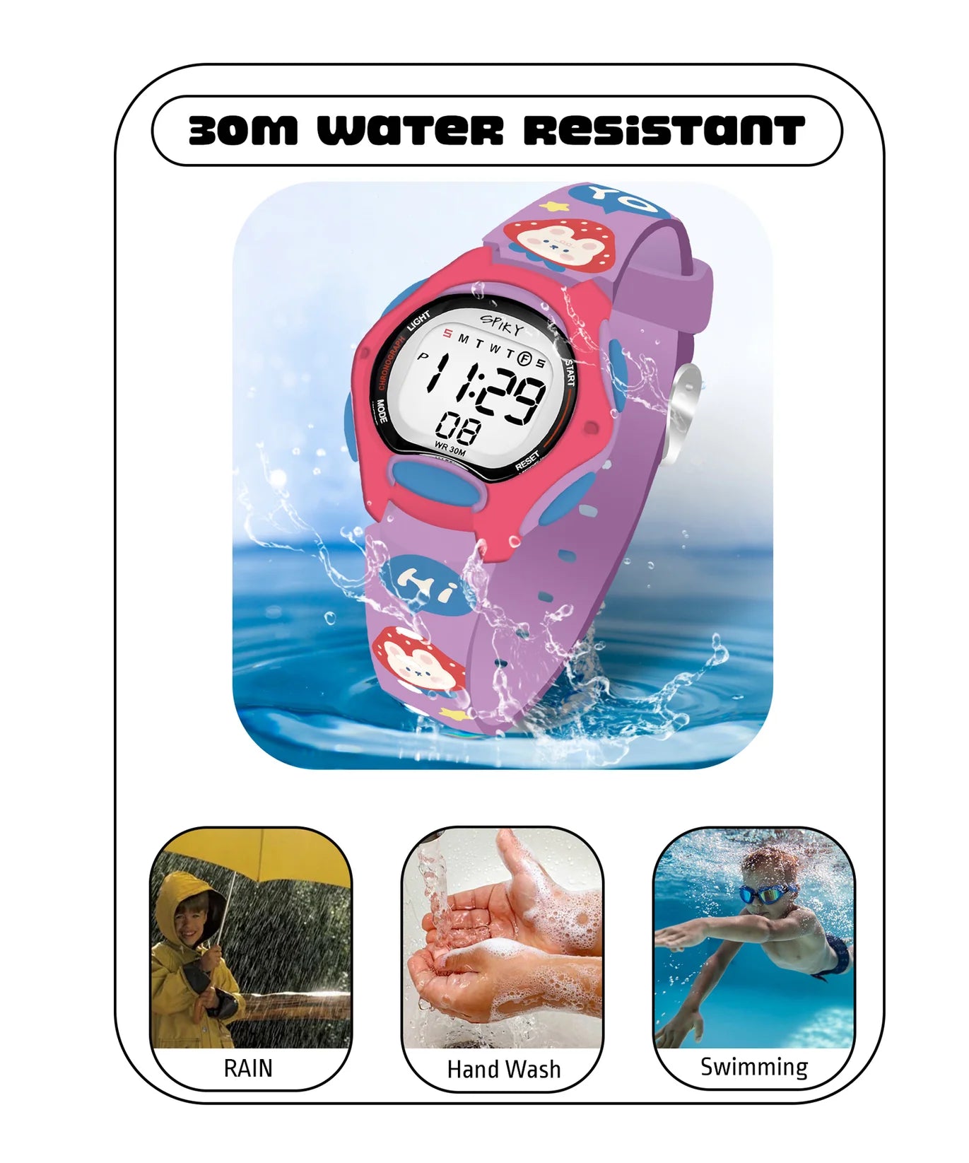 Spiky Printed Strap Round Sports Digital Watch -- EVA18_Purple