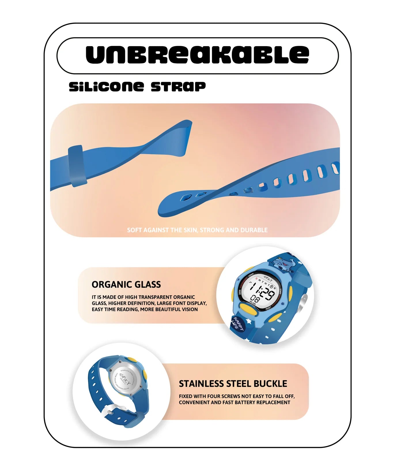 Spiky Printed Strap Round Sports Digital Watch -- EVA18_Blue