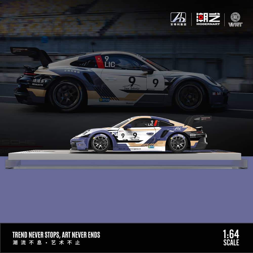 Modernart 1/64 Porsche 911 GT3 Cup (992) Team BetterLife #9 Li Chao Limited Edition 359/999 With Acrylic Case & Polishing Cloth