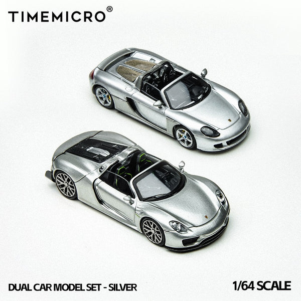 Time Micro 1/64 Porsche 918 Spyder & Porsche Carrera GT Dual Car Model Set With Acrylic Case