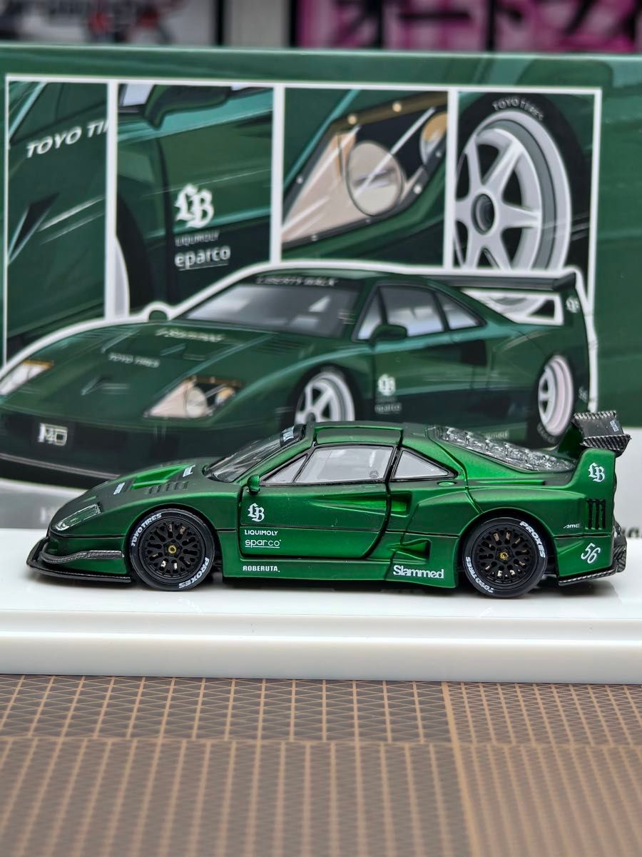 Demon King 1/64 Ferrari F40 LBWK Dark Jade Green With Acrylic Case